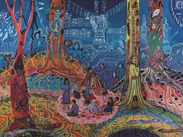 Psychedelic painting of spirits inside trees