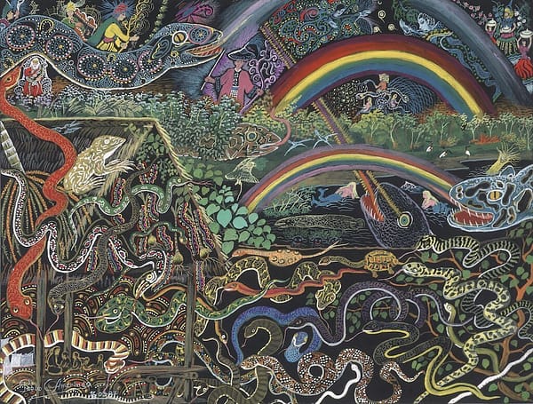 Painting of lots of snakes on a ayahuasca vision