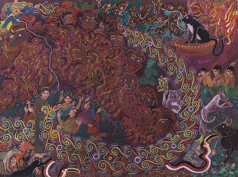 Psychedelic visionary painting of various spirits and patterns